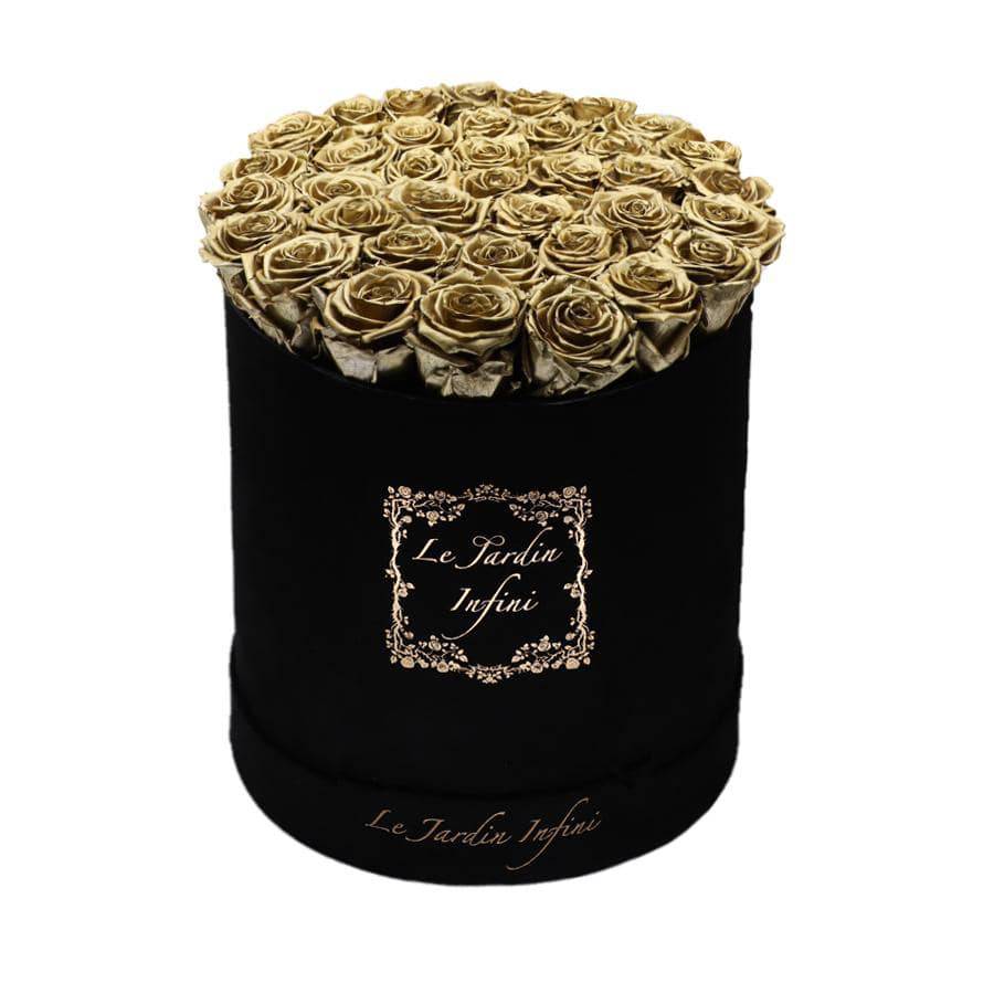 Gold Preserved Roses - Luxury Large Round Black Suede Box - Le Jardin Infini Roses in a Box