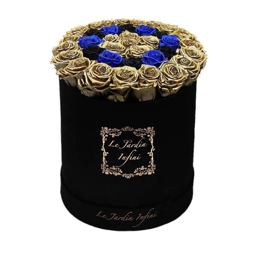 Gold Preserved Roses with Black & Blue Circle - Large Round Black Suede Box