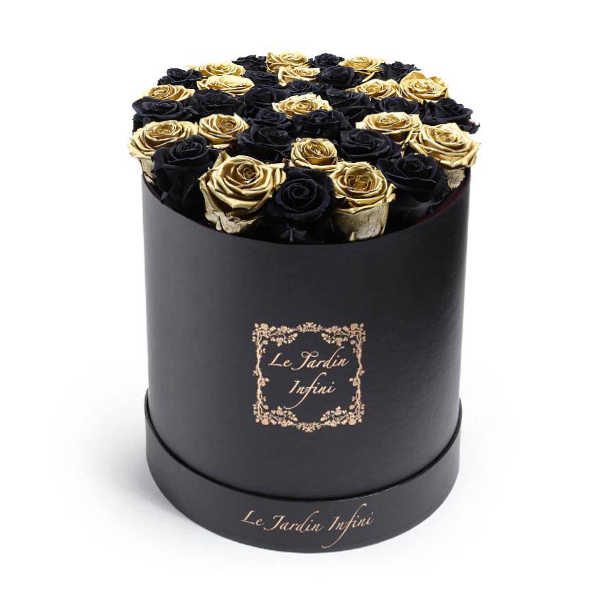 Gold Preserved Roses with Black Checker Pattern - Large Round Black Box - Le Jardin Infini Roses in a Box