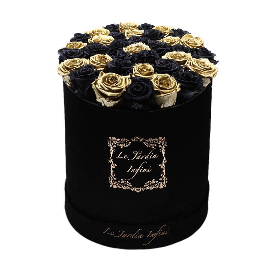 Gold Preserved Roses with Black Checker Pattern - Large Round Black Suede Box - Le Jardin Infini Roses in a Box