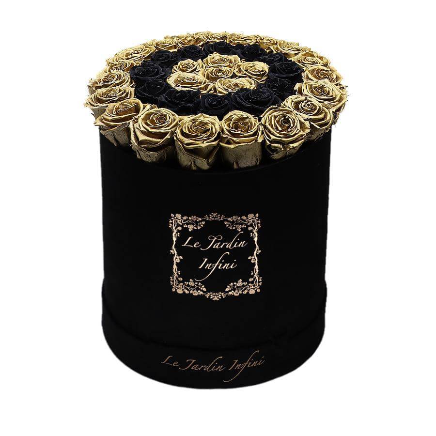 Gold Preserved Roses with Black Circle - Luxury Large Round Black Suede Box - Le Jardin Infini Roses in a Box
