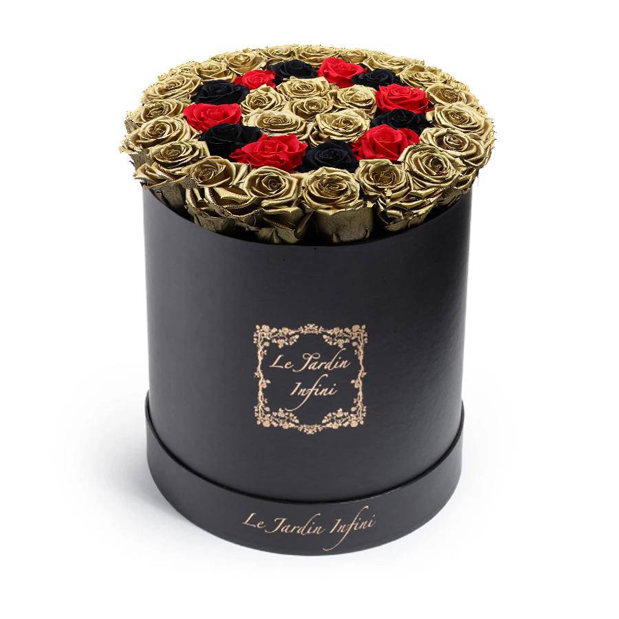 Gold Preserved Roses with Black & Red Circle - Large Round Black Box - Le Jardin Infini Roses in a Box