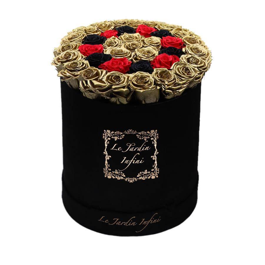 Gold Preserved Roses with Black & Red Circle - Large Round Black Suede Box