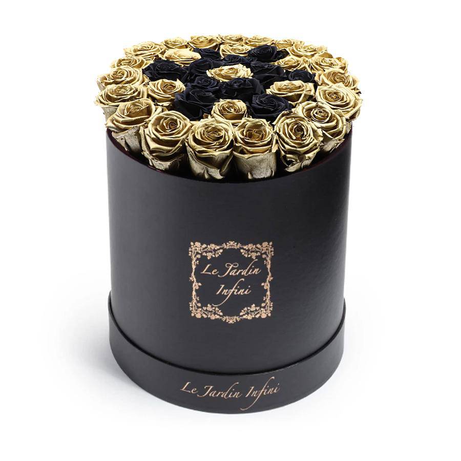 Gold Preserved Roses with Black Star Pattern - Large Round Black Box - Le Jardin Infini Roses in a Box