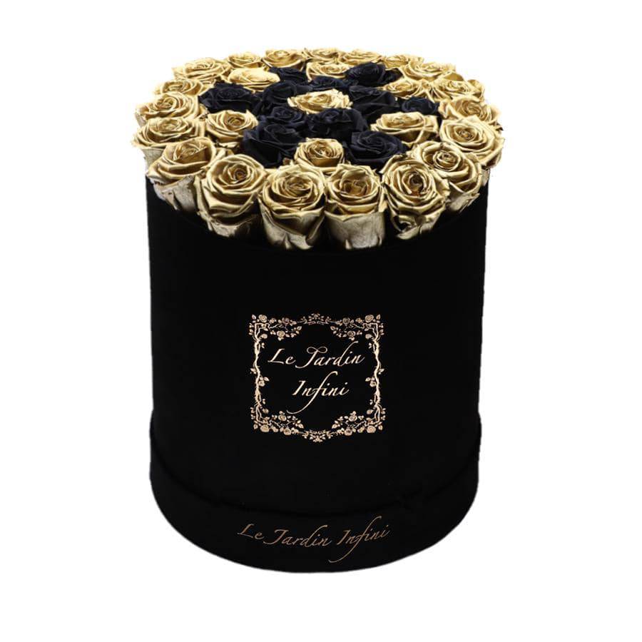 Gold Preserved Roses with Black Star Pattern - Luxury Large Round Black Suede Box