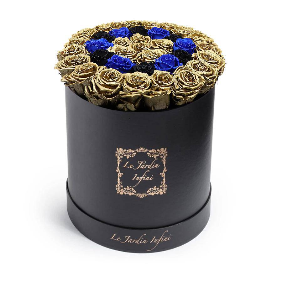 Gold Preserved Roses with Blue & Black Circle - Large Round Black Box