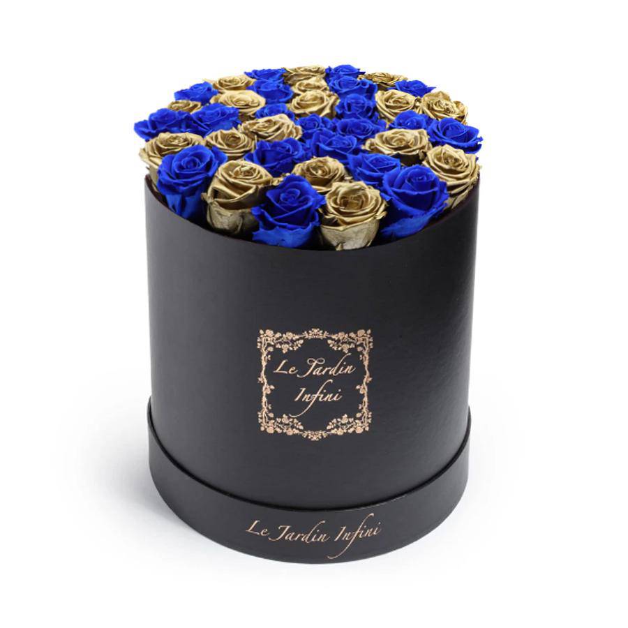 Gold Preserved Roses with Blue Checker Pattern - Large Round Black Box