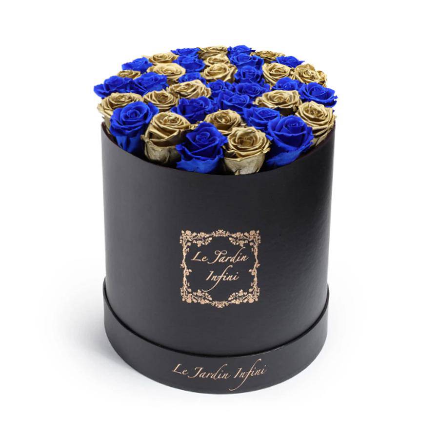 Gold Preserved Roses with Blue Checker Pattern - Large Round Black Box - Le Jardin Infini Roses in a Box