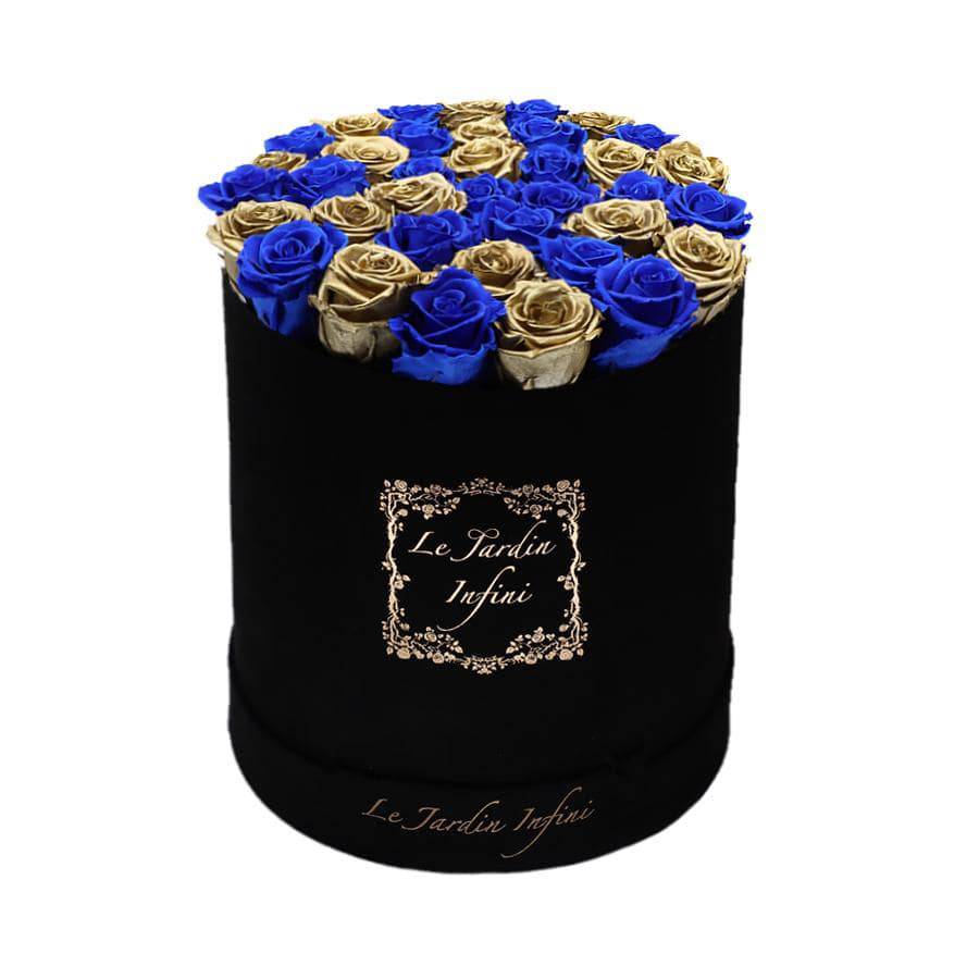 Gold Preserved Roses With Blue Checker Pattern - Large Round Black Suede Box - Le Jardin Infini Roses in a Box
