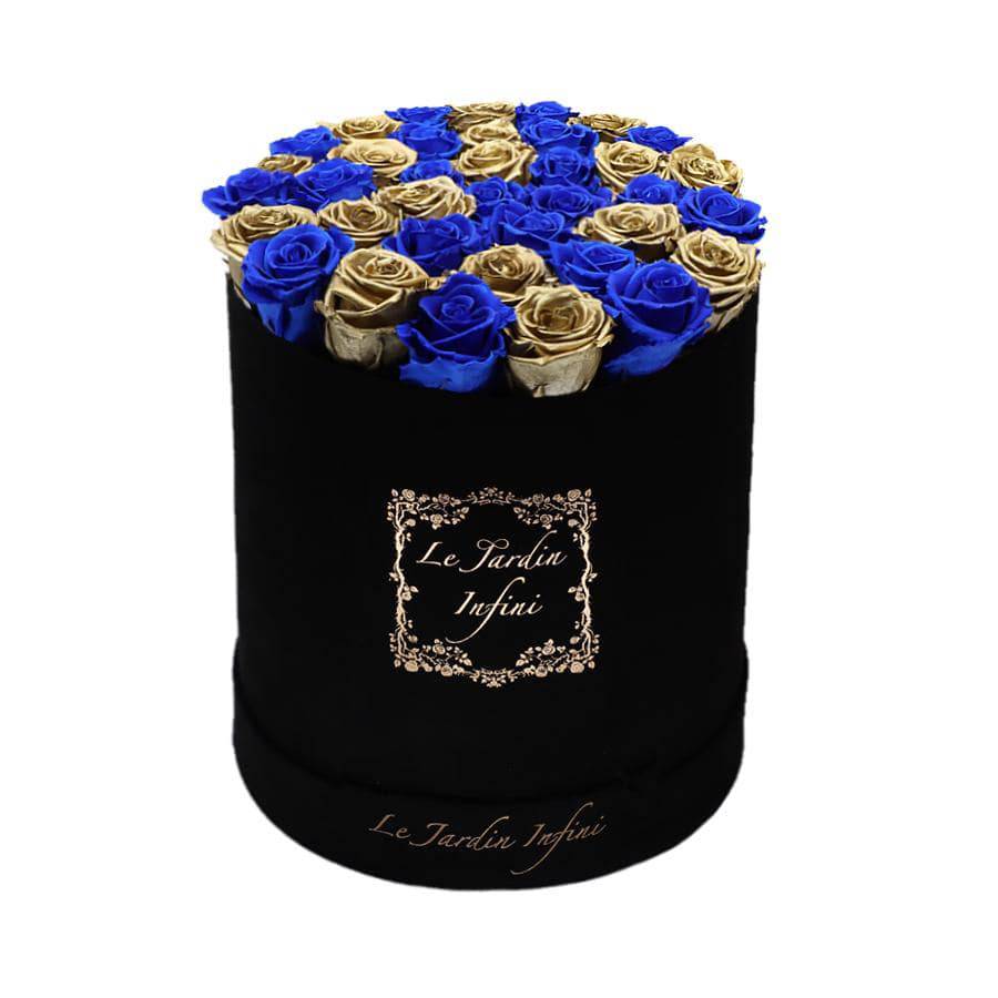 Gold Preserved Roses With Blue Checker Pattern - Large Round Black Suede Box