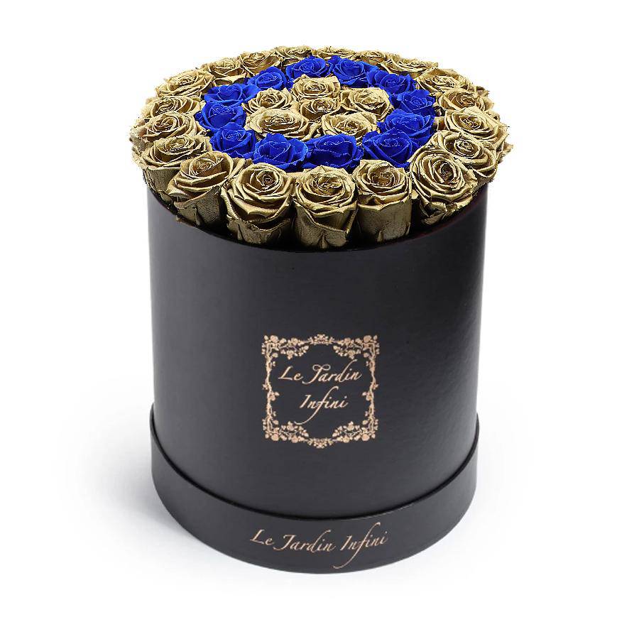 Gold Preserved Roses with Blue Circle - Large Round Black Box