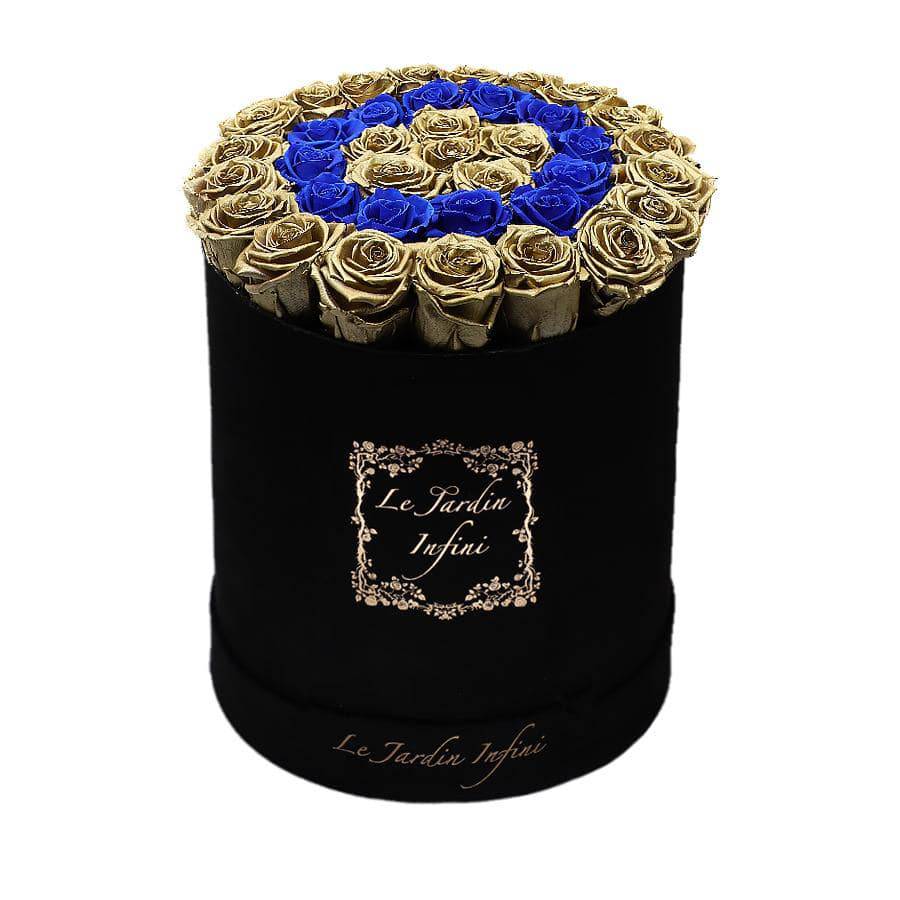 Gold Preserved Roses With Blue Circle - Large Round Black Suede Box