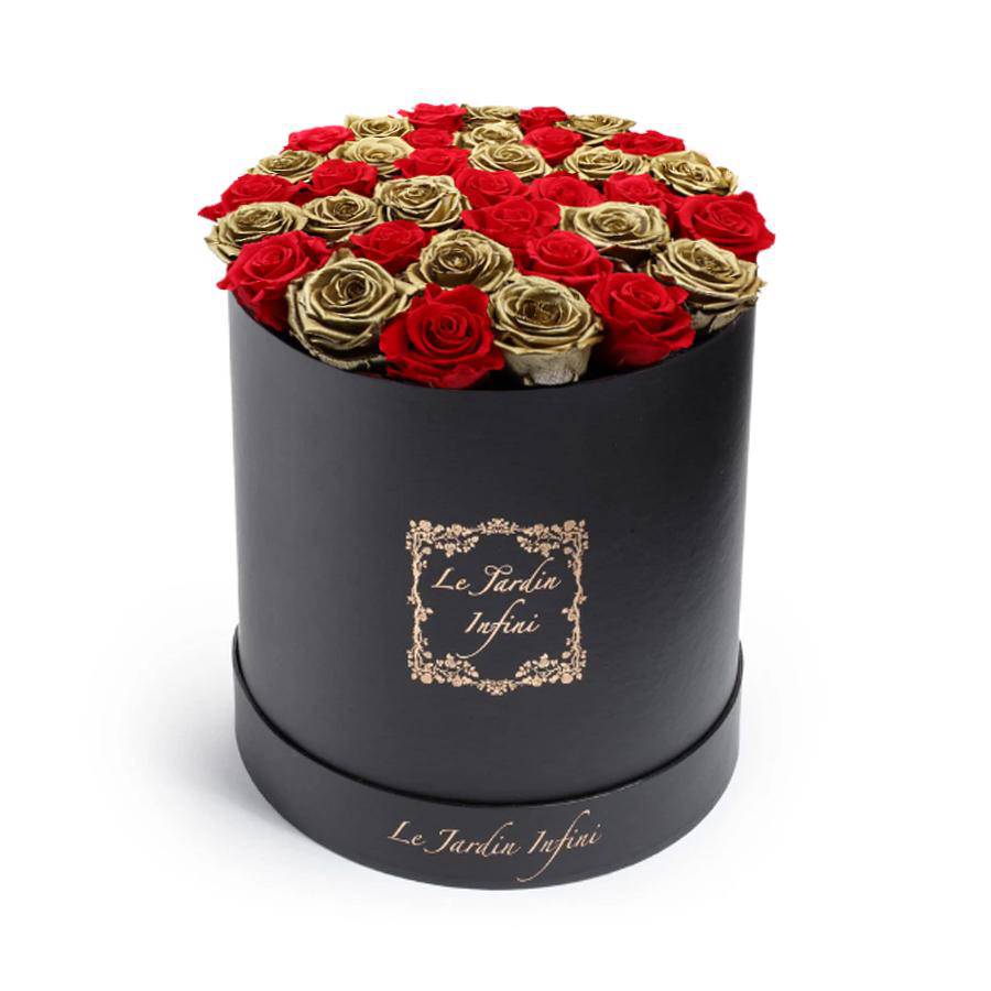 Gold Preserved Roses with Red Checker Pattern - Large Round Black Box