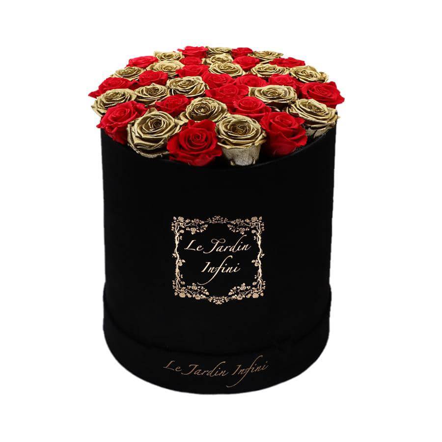 Gold Preserved Roses with Red Checker Pattern - Large Round Black Suede Box - Le Jardin Infini Roses in a Box