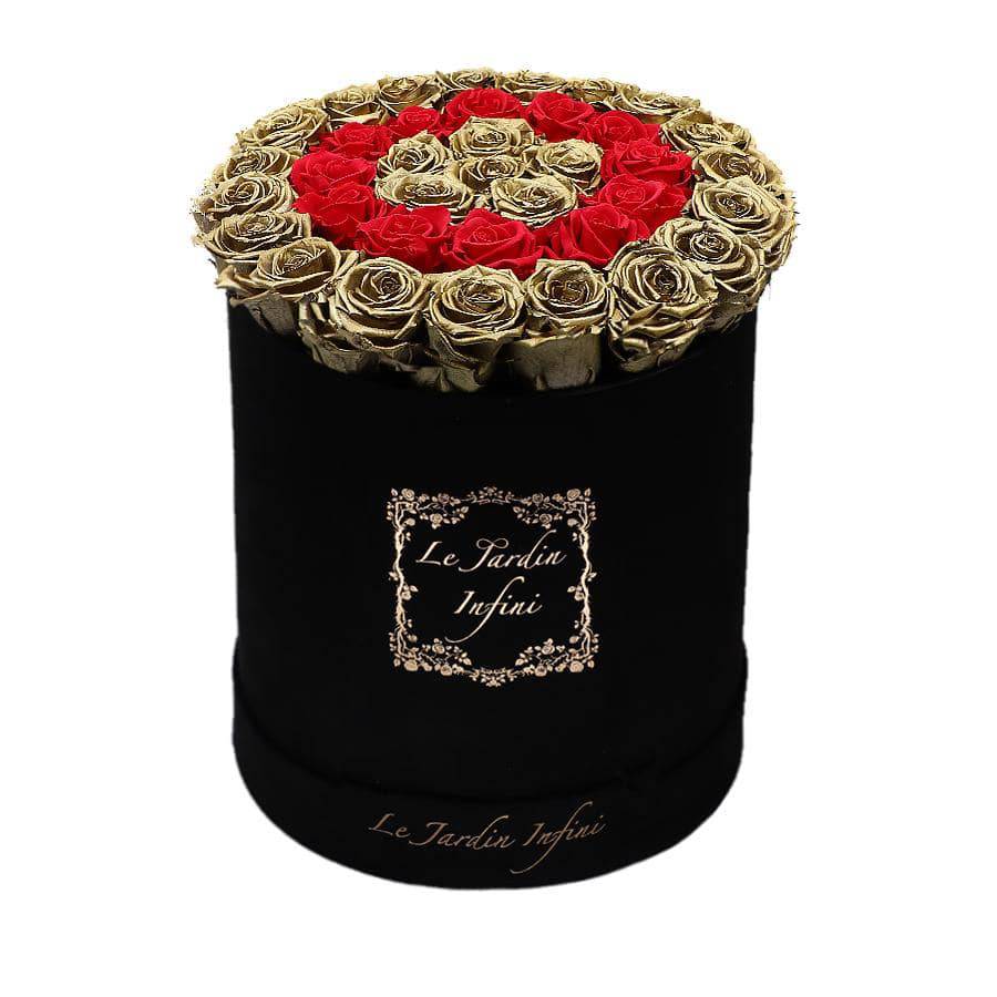 Gold Preserved Roses With Red Circle - Luxury Large Round Black Suede Box