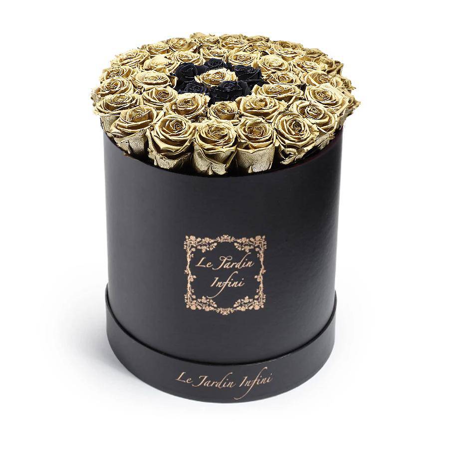 Gold Preserved Roses with Small Black Circle - Large Round Black Box