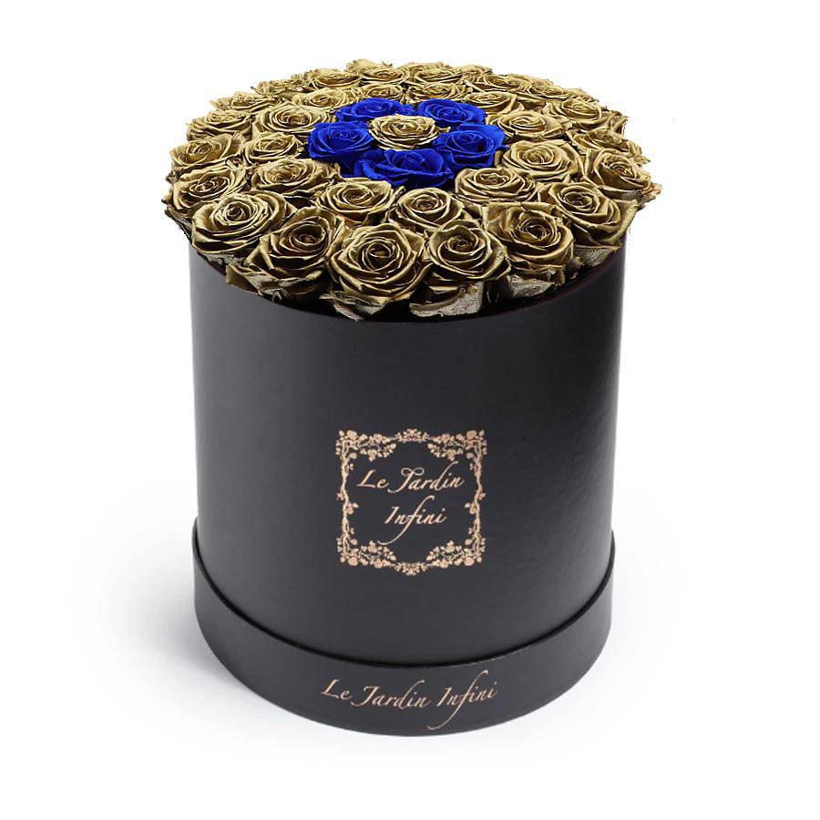 Gold Preserved Roses with Small Blue Circle - Large Round Black Box