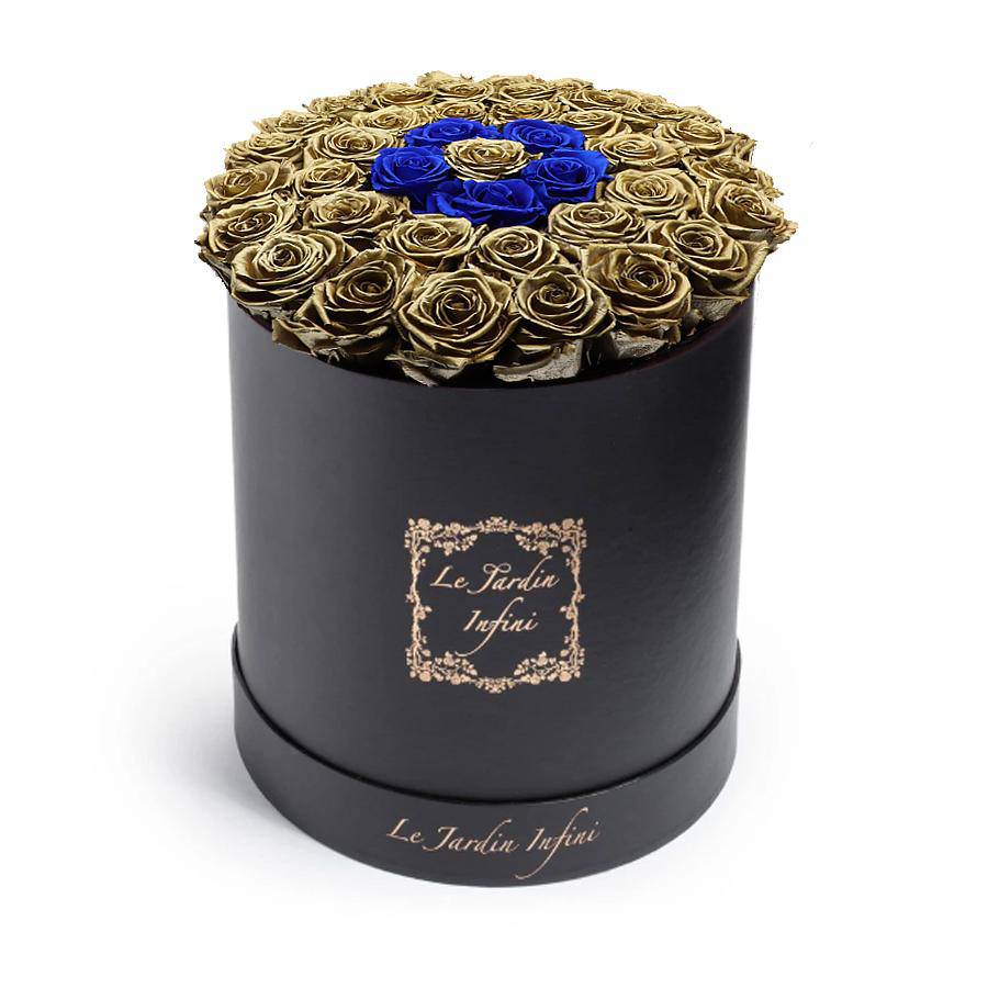 Gold Preserved Roses with Small Blue Circle - Large Round Black Box - Le Jardin Infini Roses in a Box