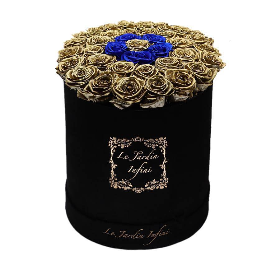 Gold Preserved Roses With Small Blue Circle - Luxury Large Round Black Suede Box