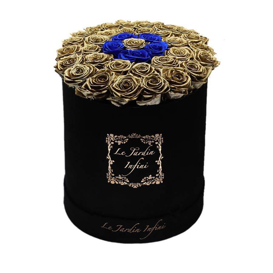 Gold Preserved Roses With Small Blue Circle - Luxury Large Round Black Suede Box - Le Jardin Infini Roses in a Box
