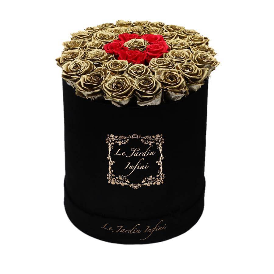 Gold Preserved Roses With Small Red Circle - Luxury Large Round Black Suede Box