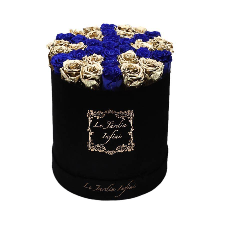 Gold & Royal Blue Wheel Preserved Roses - Large Round Black Suede Box