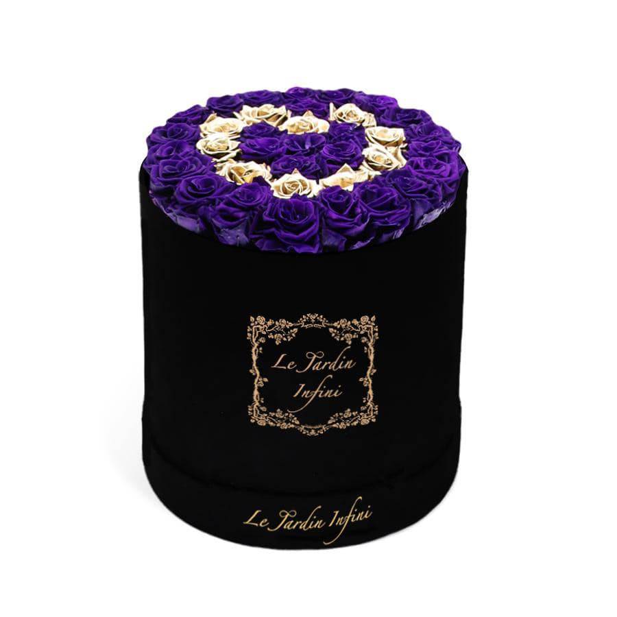 Heart Design Gold &Purple Preserved Roses - Luxury Large Round Black Suede Box