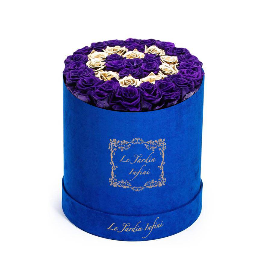 Heart Design Gold &Purple Preserved Roses - Luxury Large Round Blue Suede Box