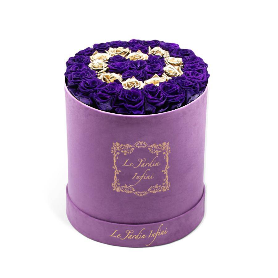 Heart Design Gold &Purple Preserved Roses - Luxury Large Round Purple Suede Box