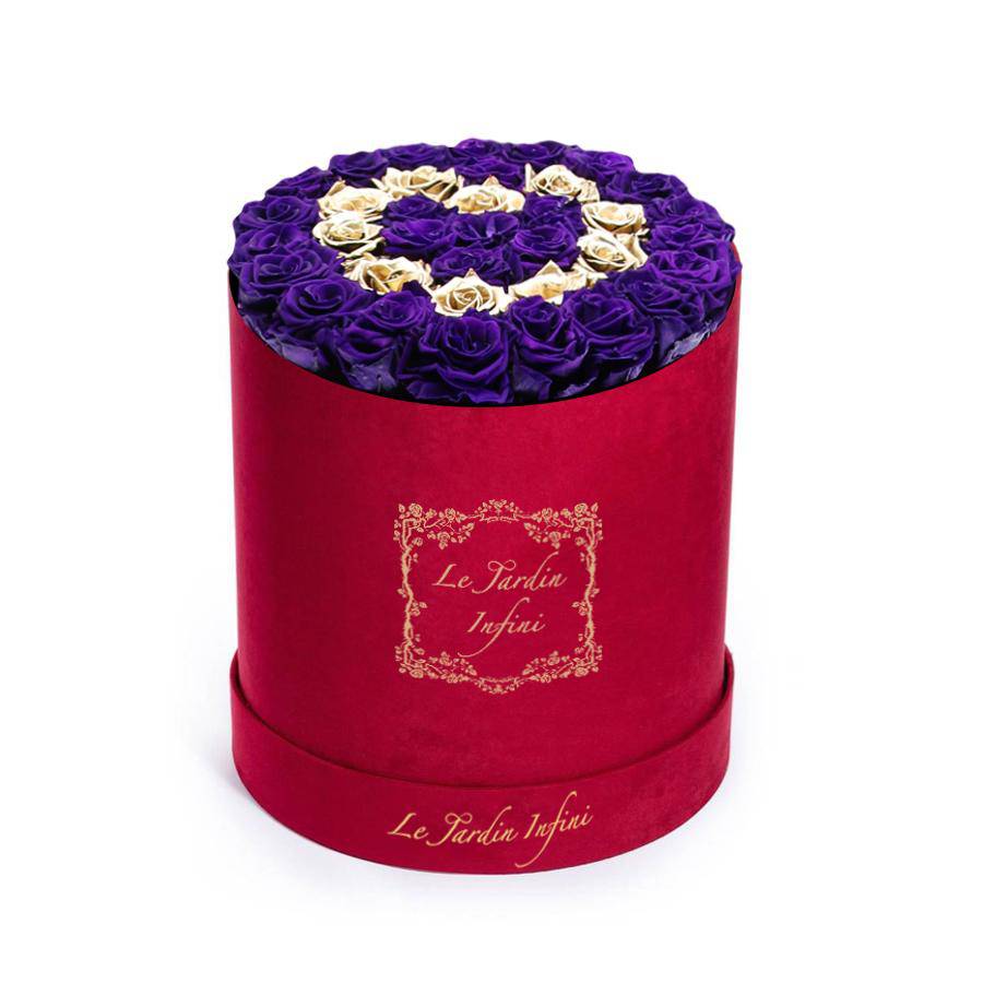 Heart Design Gold &Purple Preserved Roses - Luxury Large Round Red Suede Box