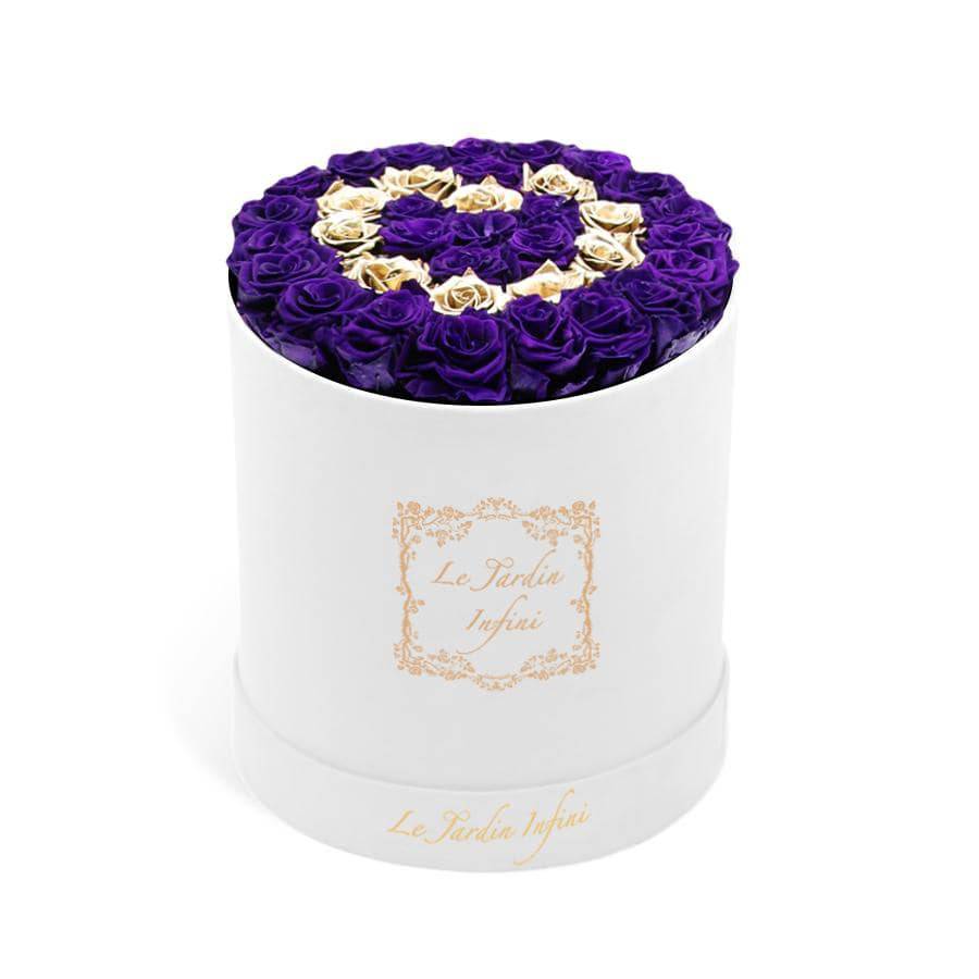 Heart Design Gold &Purple Preserved Roses - Luxury Large Round White Box