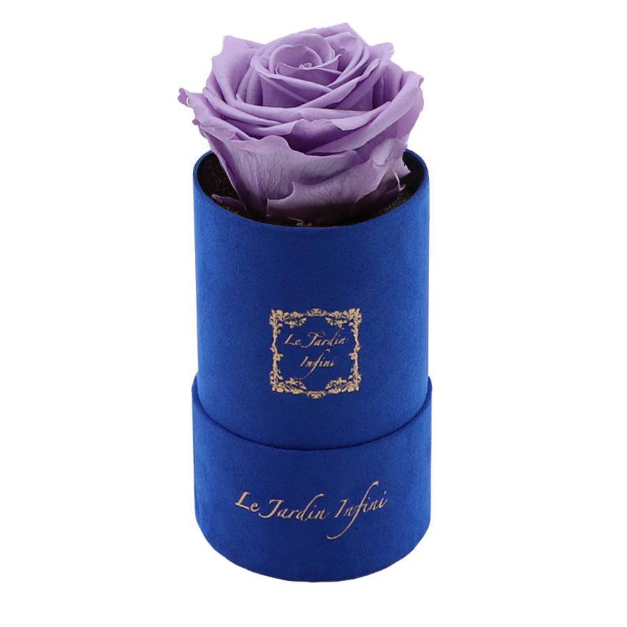 Single Lilac Preserved Rose - Luxury Small Round Blue Suede Box - Le Jardin Infini Roses in a Box