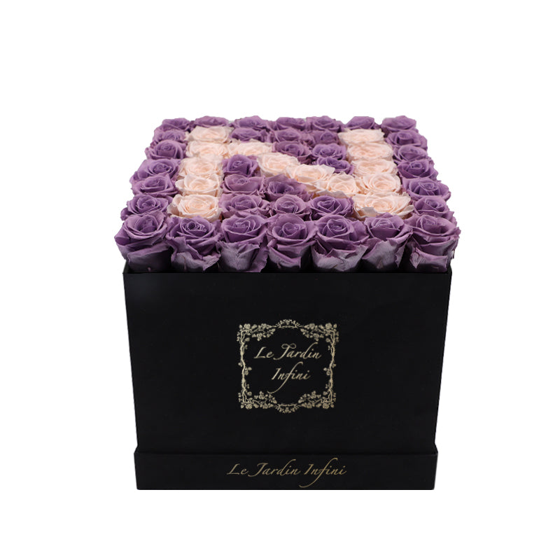 Letter N Champagne & Lilac Preserved Roses - Large Square Luxury Black Suede Box