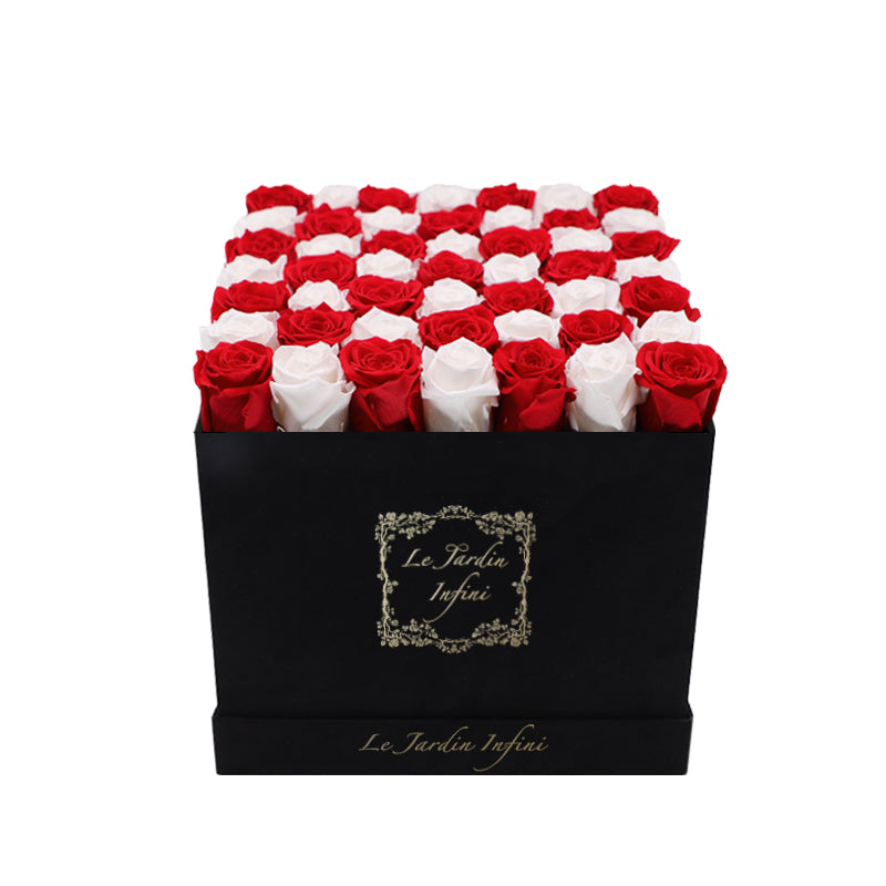 Red & White Checker Preserved Roses - Luxury Large Square Black Suede Box