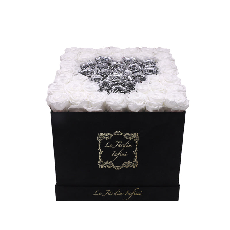 Heart Design Silver & White Preserved Roses - Large Square Luxury Black Suede Box