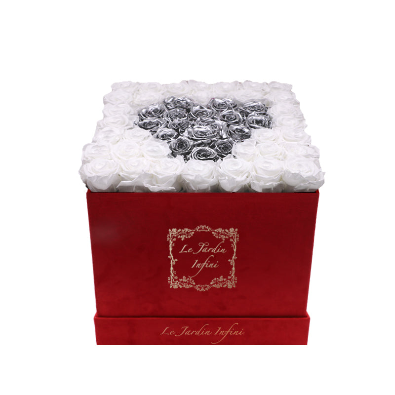 Heart Design Silver & White Preserved Roses - Large Square Luxury Red Suede Box