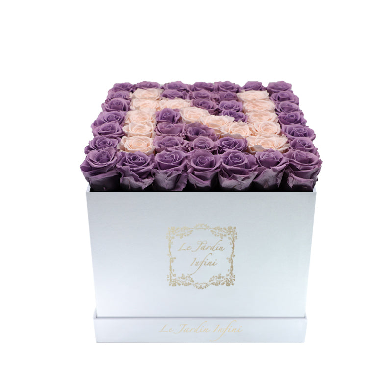 Letter N Champagne & Lilac Preserved Roses - Large Square Luxury White Suede Box
