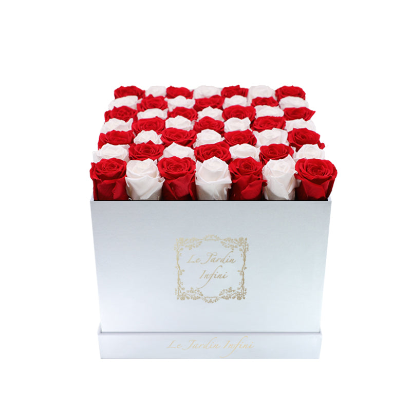Red & White Checker Preserved Roses - Luxury Large Square White Suede Box