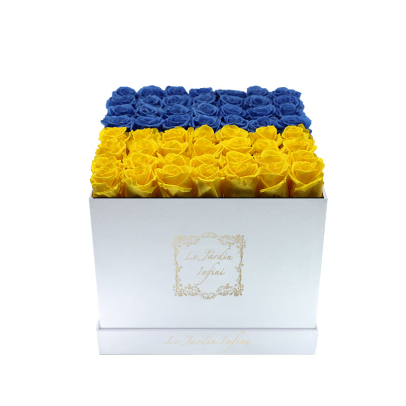 Ukrainian Flag Preserved Roses - Large Square Luxury White Suede Box