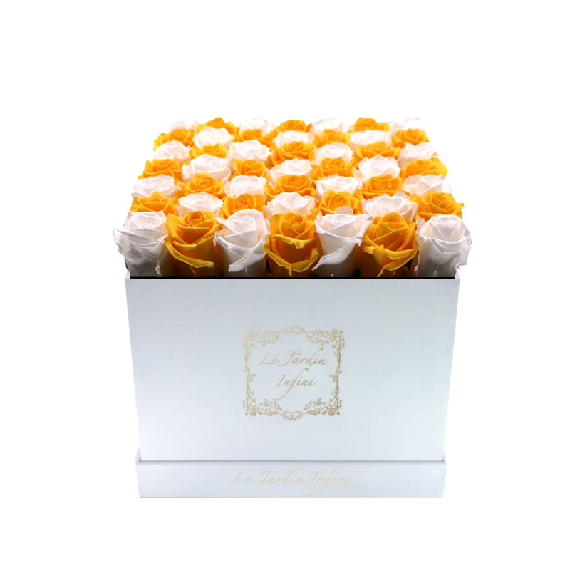 Warm Yellow & White Checker Preserved Roses - Luxury Large Square White Suede Box
