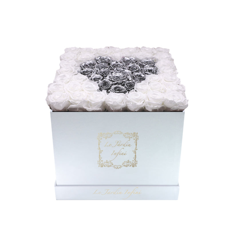 Heart Design Silver & White Preserved Roses - Large Square Luxury White Suede Box